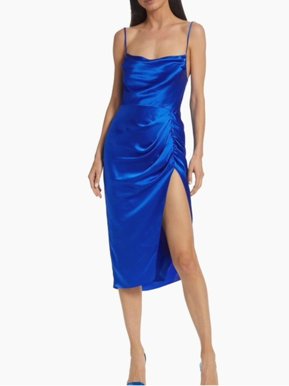 open edit S Satin Cobalt Blue Slip Midi Dress Ruched Side Thigh Slit prom